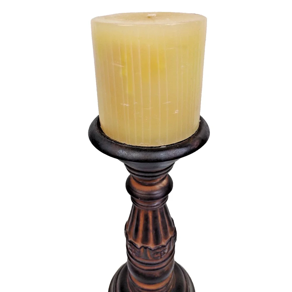 Vintage 12” Wooden Collectible Pillar Candlestick Holder with Carving, 4” Candle